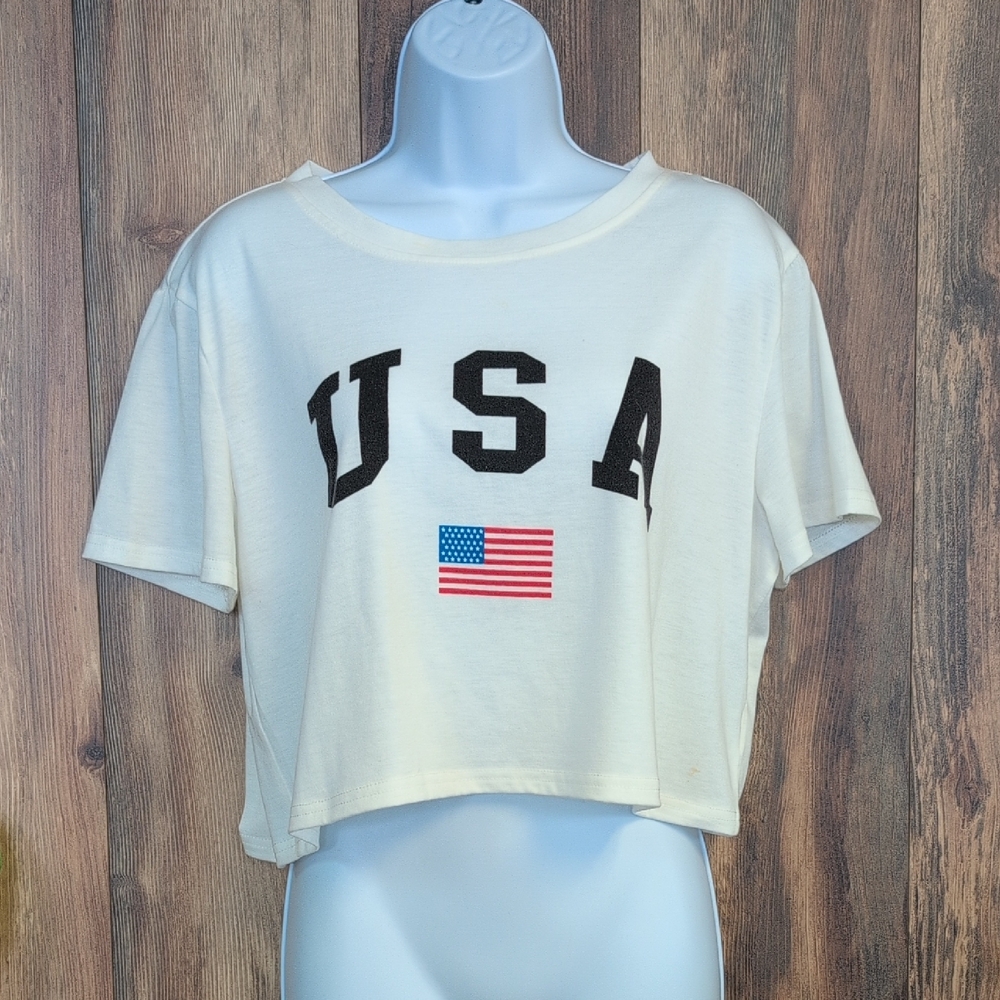 SHEIN Cream USA Graphic Crop Top L           P410